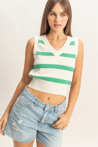 Green Stripe Sleeveless V-Neck Sweater