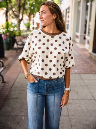 Beige & brown polka dot bubble sleeve pullover