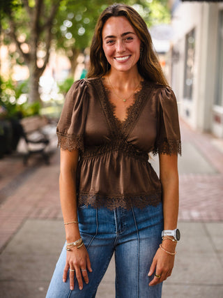 Brown satin lace trim peplum top