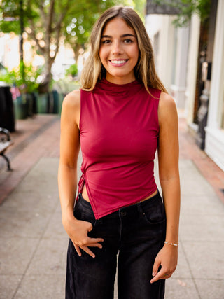 Burgundy mock neck strappy detail tank