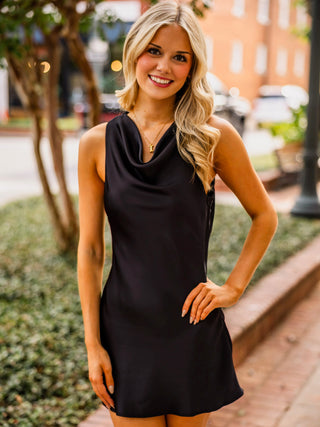 Black cowl neck mini dress