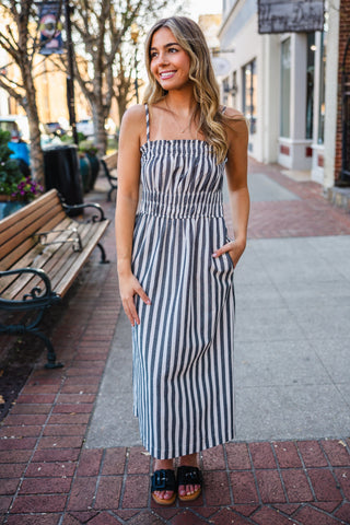 Striped spaghetti strap midi dress