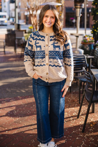 Taupe & blue deer print cardigan