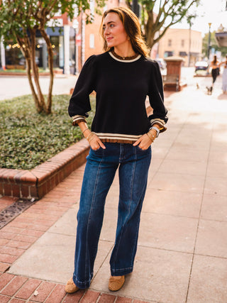 Black LS ruffle & stripe trim top