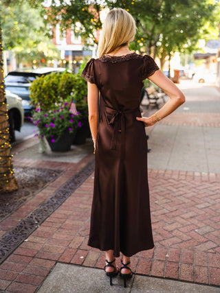 Satin lace trim puff sleeve midi dress