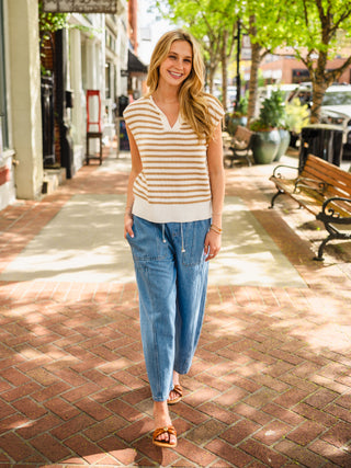 Taupe & white stripe sleeveless sweater