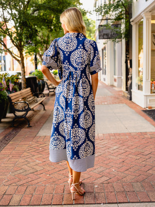 Navy geo print SS midi dress