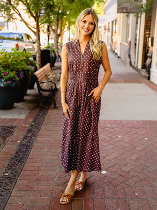Brown polka dot front zip midi dress