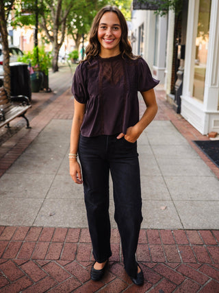 Brown lace trim pintuck puff sleeve blouse