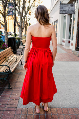Red strapless midi dress