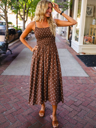Polka dot smocked midi dress