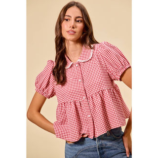 Check button front puff sleeve blouse