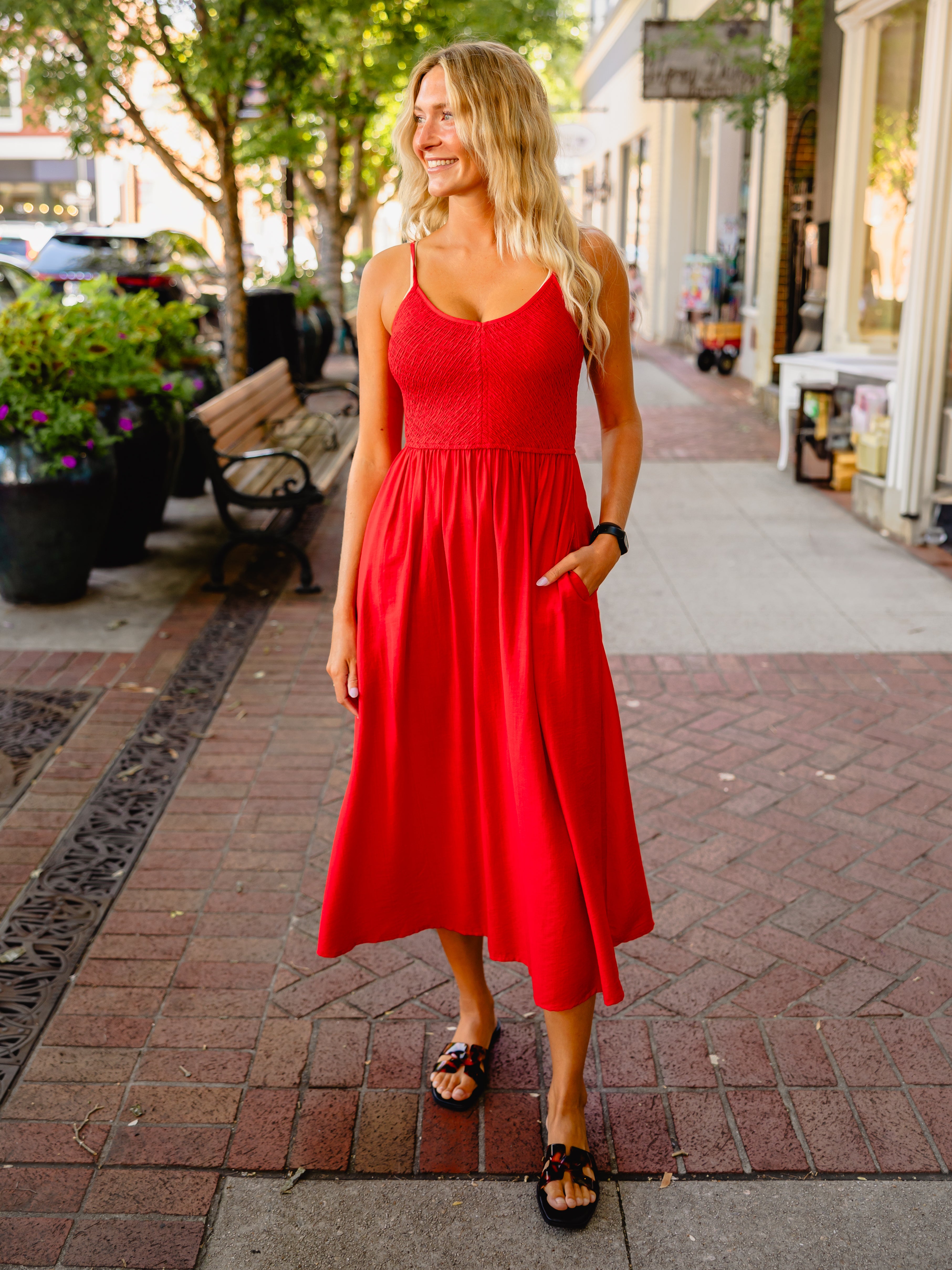 Red Smocked Bodice Midi Dress | Adjustable Straps