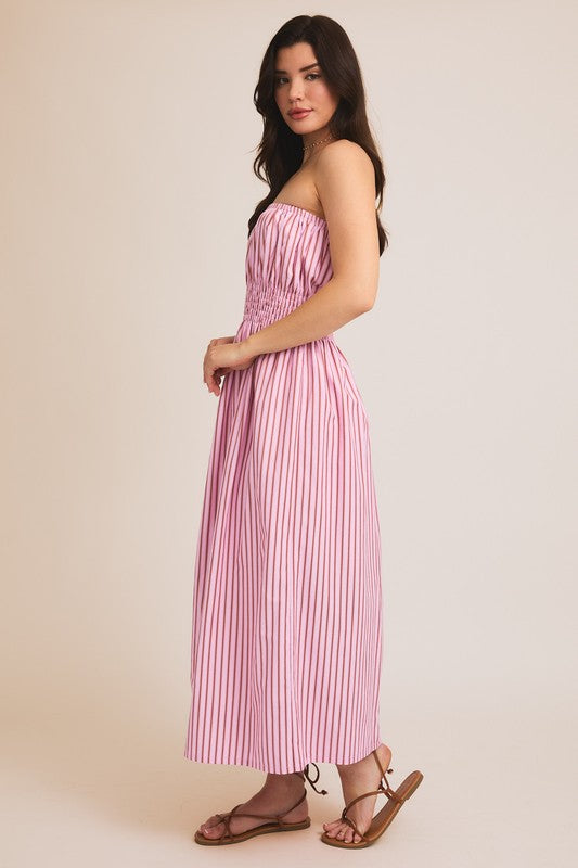 Pink & camel stripe strapless dress SMALL