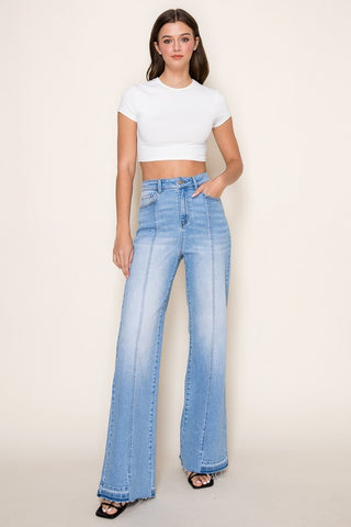 Vertical splice wide leg jeans