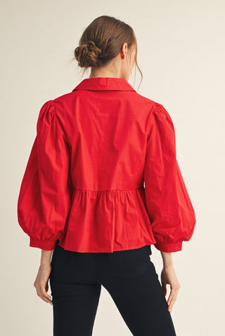 Red balloon sleeve peplum top