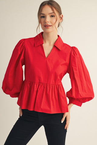 Red balloon sleeve peplum top