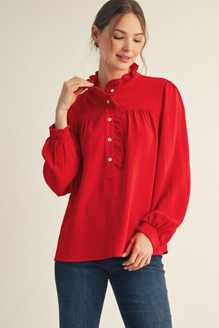 Red ruffle trim blouse
