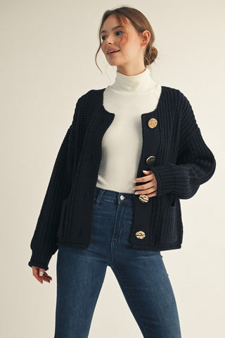 Gold button LS sweater cardigan