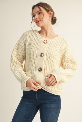 Gold button LS sweater cardigan