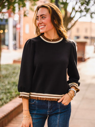 Black LS ruffle & stripe trim top