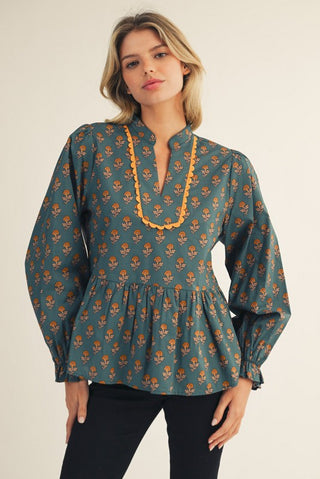 Teal print LS peplum top