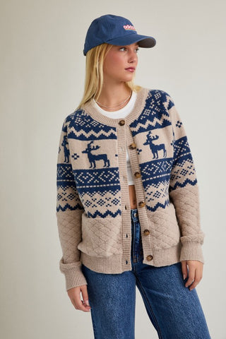 Taupe & blue deer print cardigan