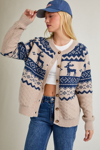 Taupe & blue deer print cardigan