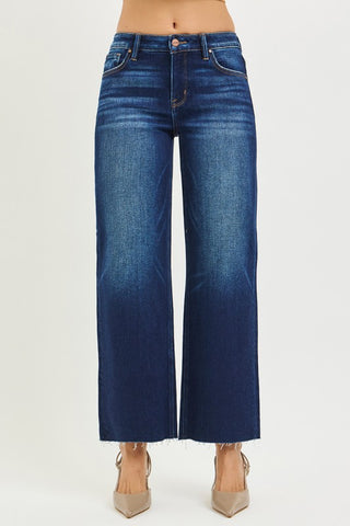 Wide leg, cropped blue jeans for women