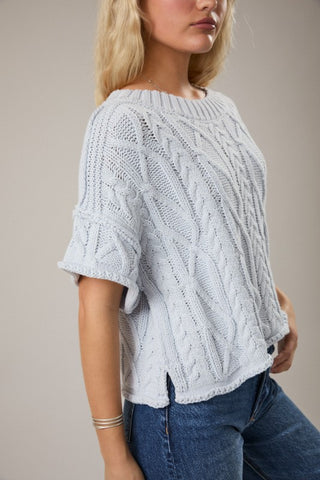 Drop shoulder cable knit sweater