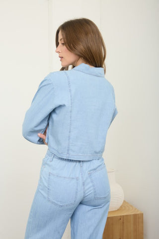 Washed denim button down crop top