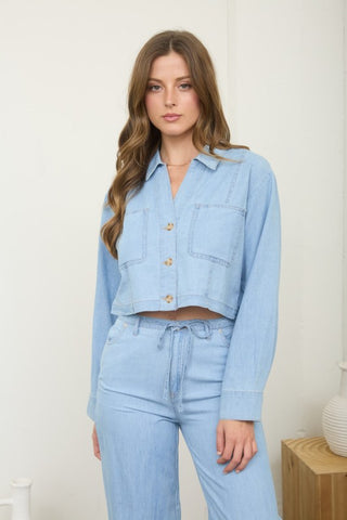 Washed denim button down crop top