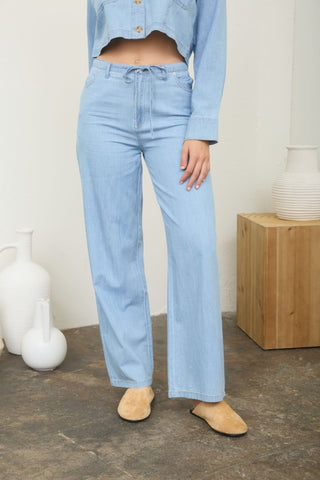 Washed denim tie front pants