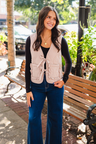 Taupe quilted tie front vest