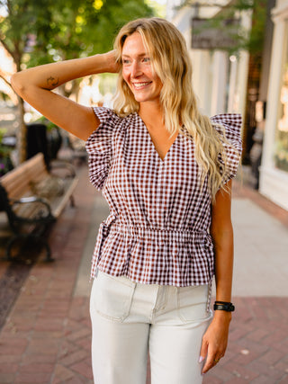 Gingham Ruffle Sleeve Peplum Top