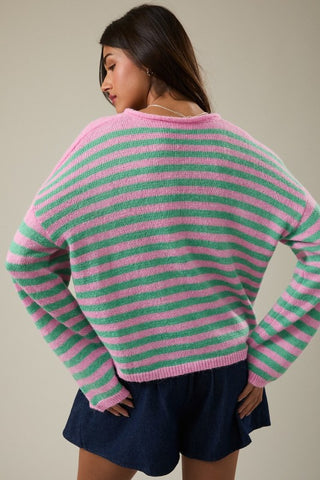 Pink & green stripe LS sweater