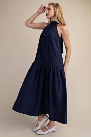 Navy halter neck midi dress