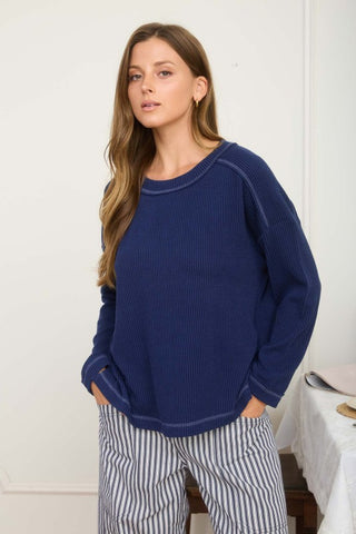Crew neck ribbed LS top