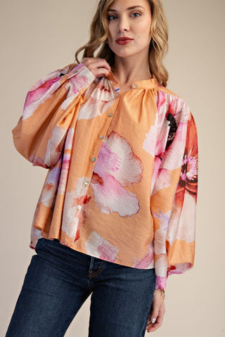 Coral floral print LS blouse