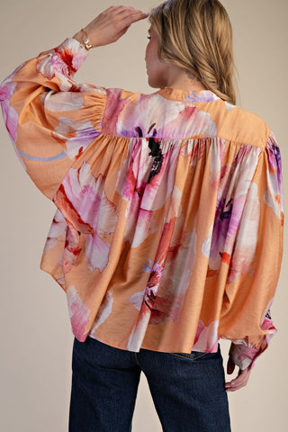Coral floral print LS blouse