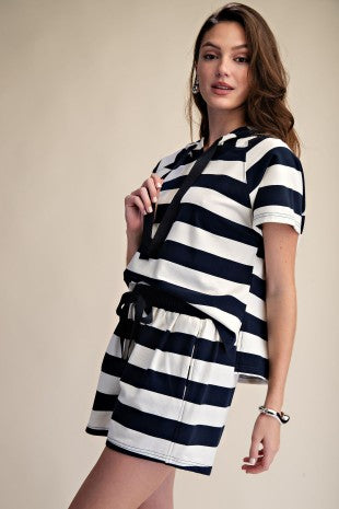 Navy stripe SS hooded top set