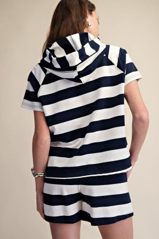 Navy stripe SS hooded top set