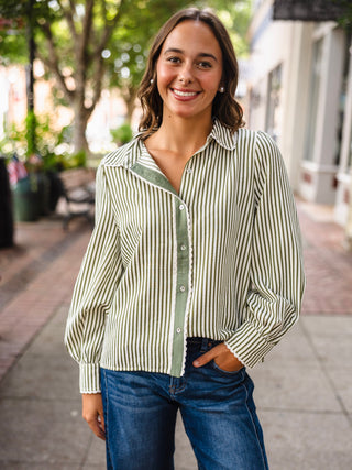 Olive striped LS button down top