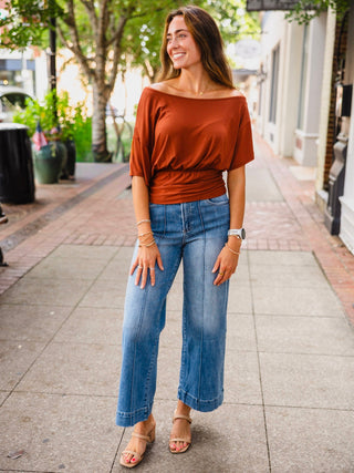 Slouchy off the shoulder ruched top