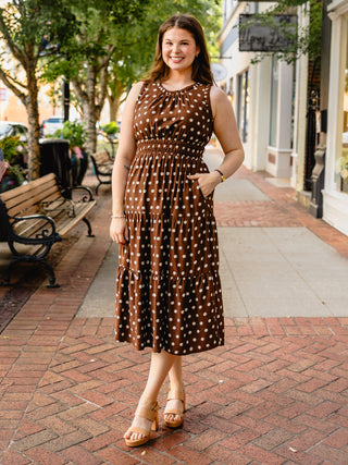 Polka dot sleeveless smocked waist dress
