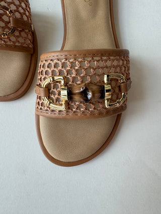 Tan woven slip on sandal