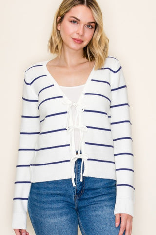 White & navy tie front cardigan