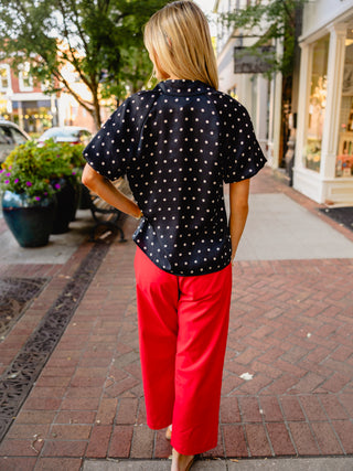 Black polka dot bubble sleeve blouse