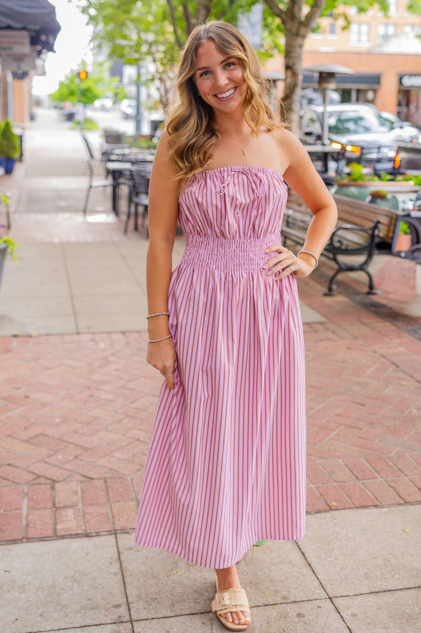 Pink & camel stripe strapless dress – ImageBoutique