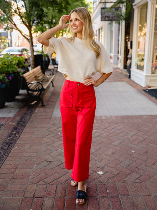 Red scallop pocket pants
